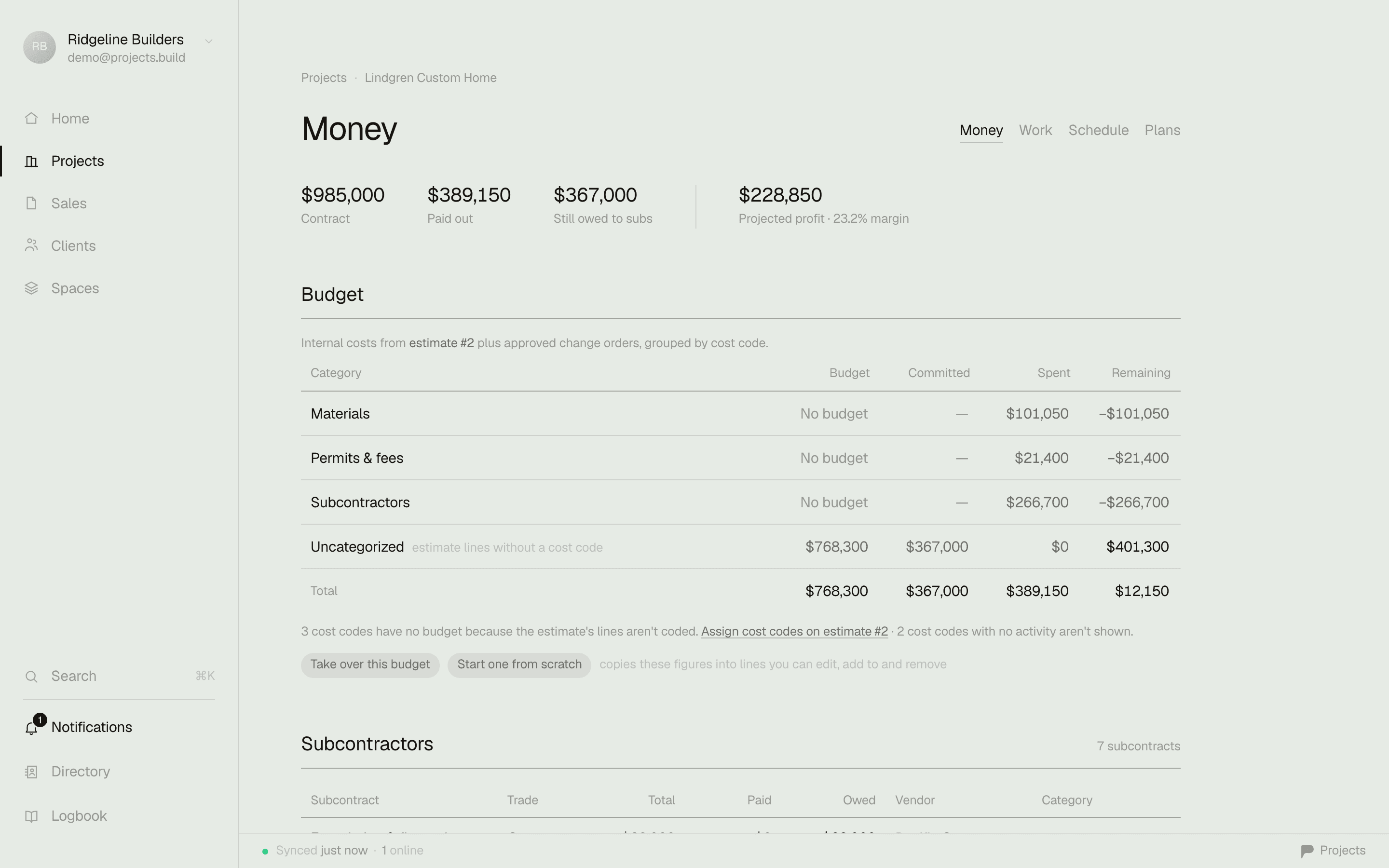 A job's Money page — contract, paid out, owed to subs, and projected profit, with the budget by cost code
