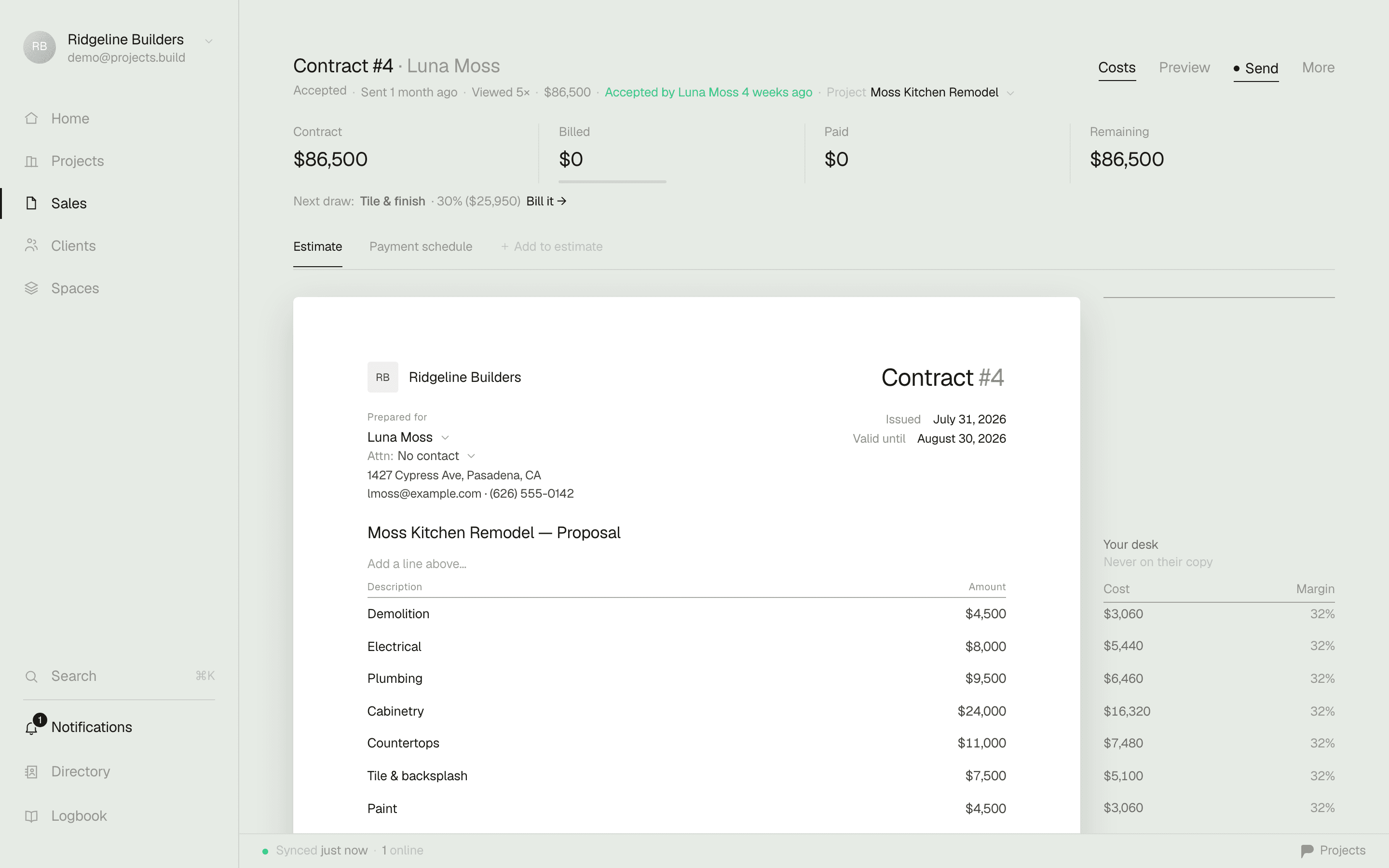 The estimate editor with line items and a signing page