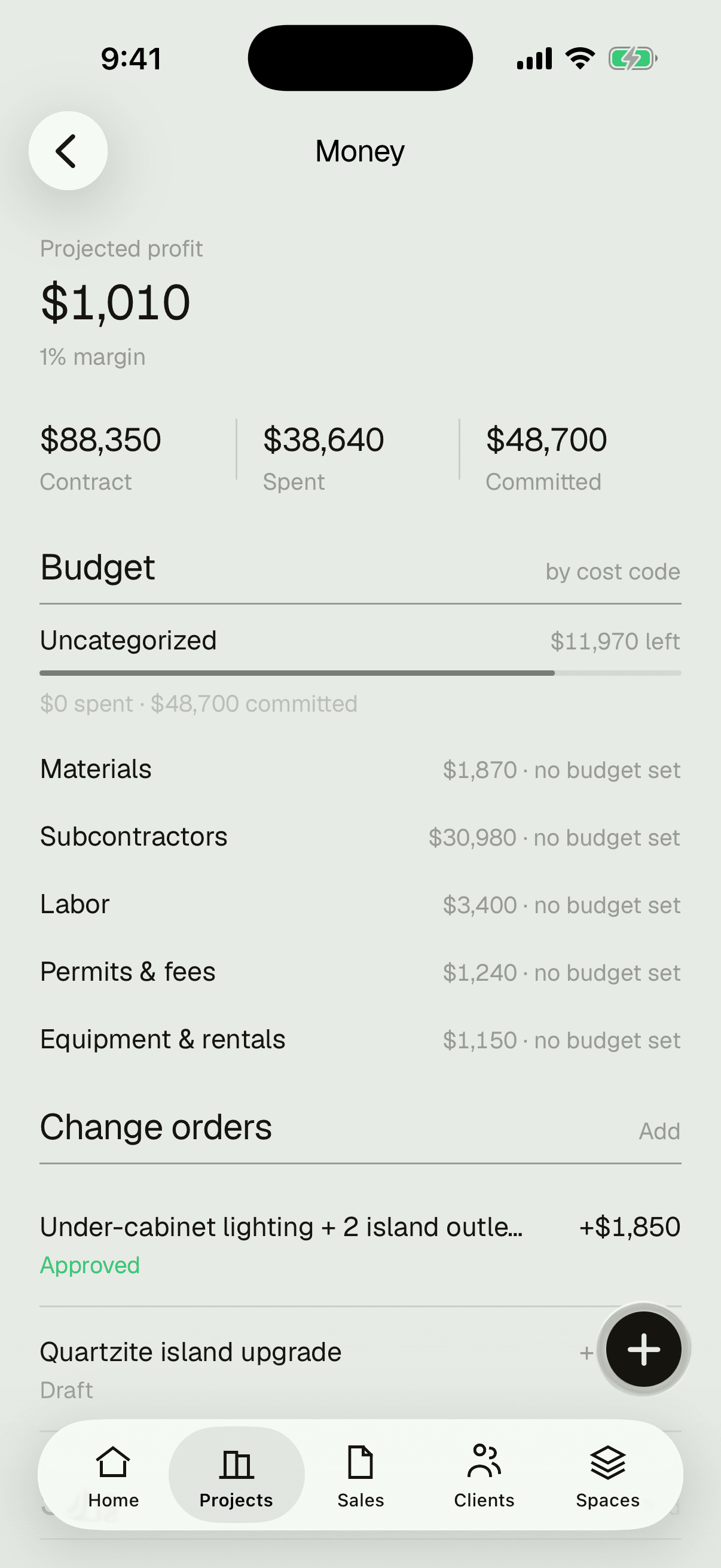 A job's money on iPhone — profit, margin, change orders and expenses