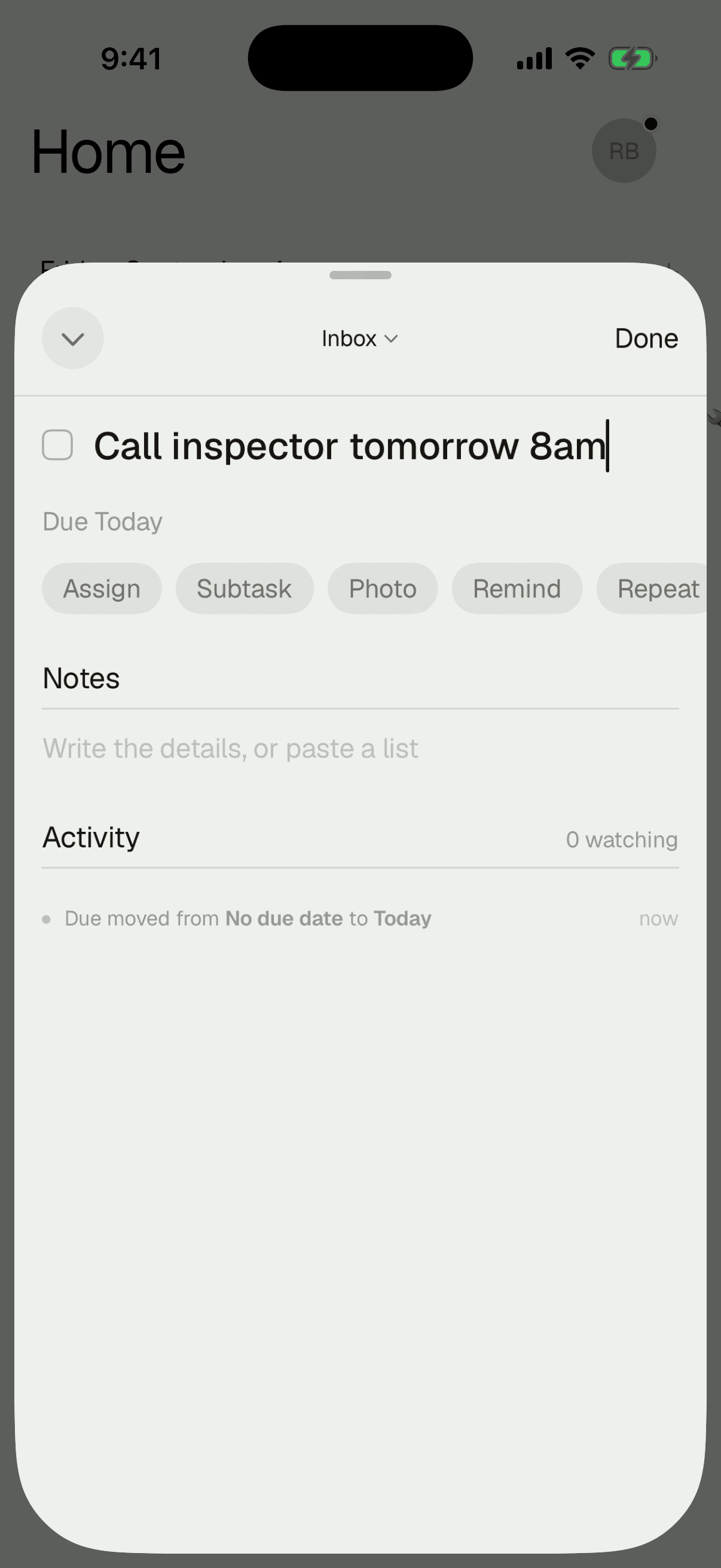 Quick-add parsing “call inspector tomorrow 8am” into a dated, reminded task