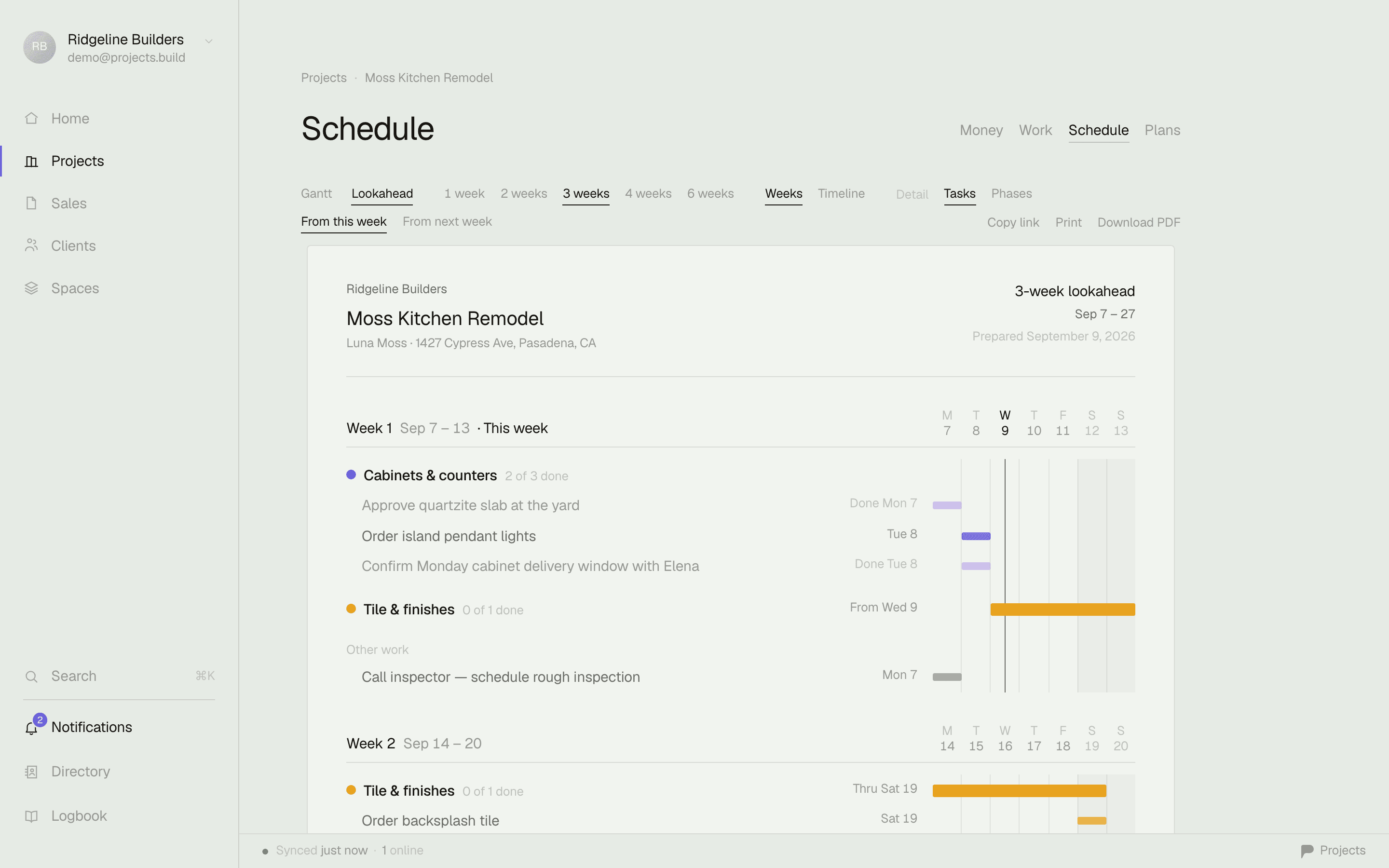 A generated 3-week lookahead — Ridgeline Builders letterhead, phases and tasks laid out by day