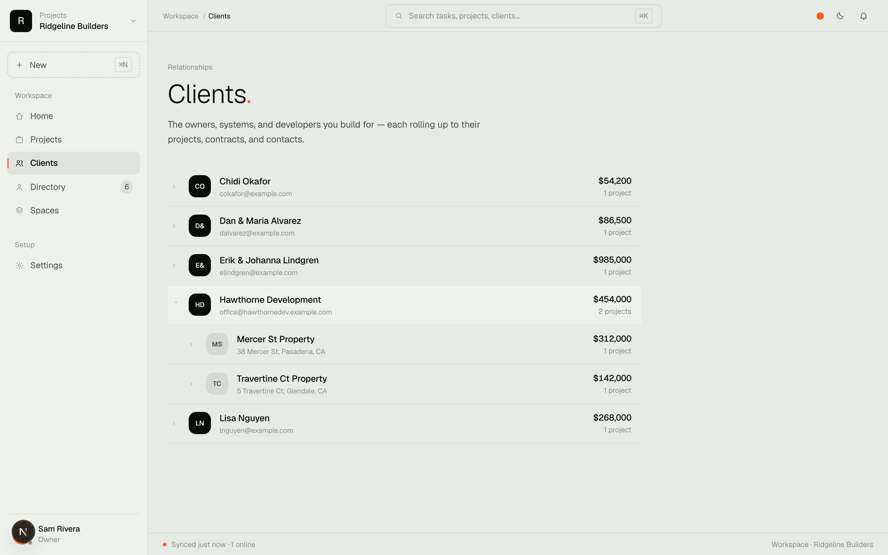 Clients — year revenue, outstanding, and estimates at the top, every client account below