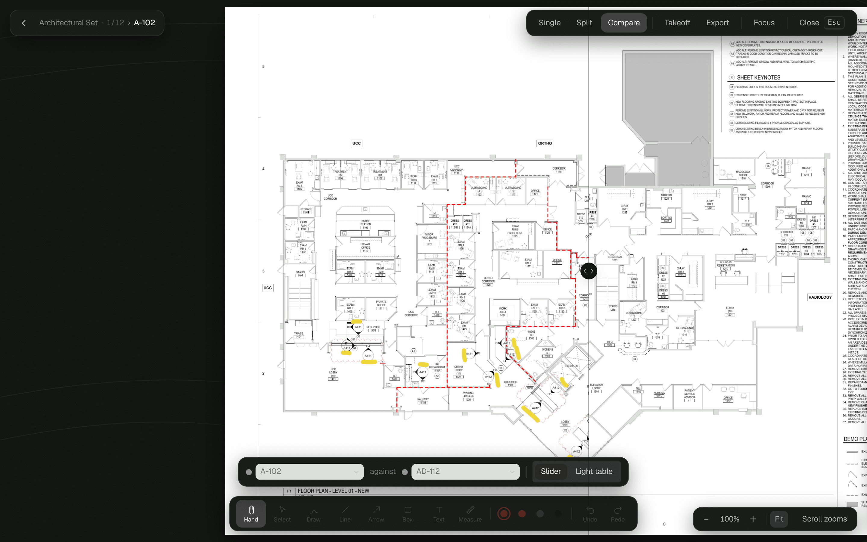 Comparing the demolition plan against the new-work floor plan for the same level, wiped mid-slide so both states show at once