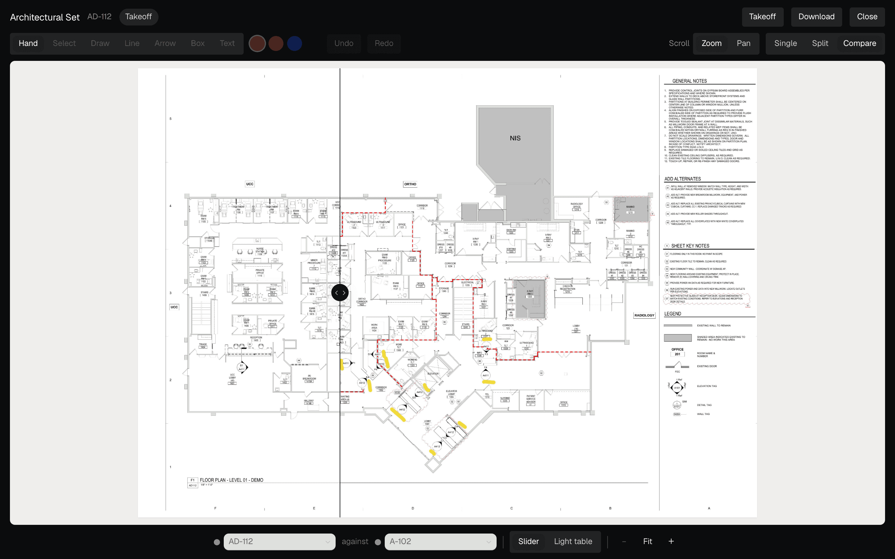 Comparing the demolition plan against the new-work floor plan for the same level, wiped mid-slide so both states show at once