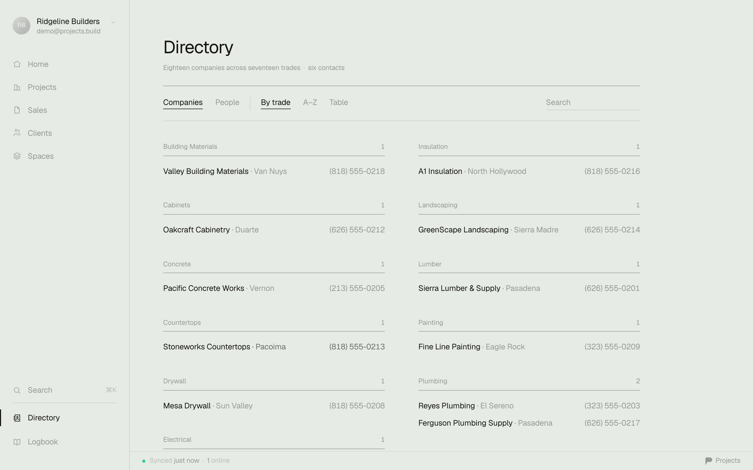 The directory's By trade view — companies banded under Insulation, Electrical, Plumbing and more, best-rated company first in each band
