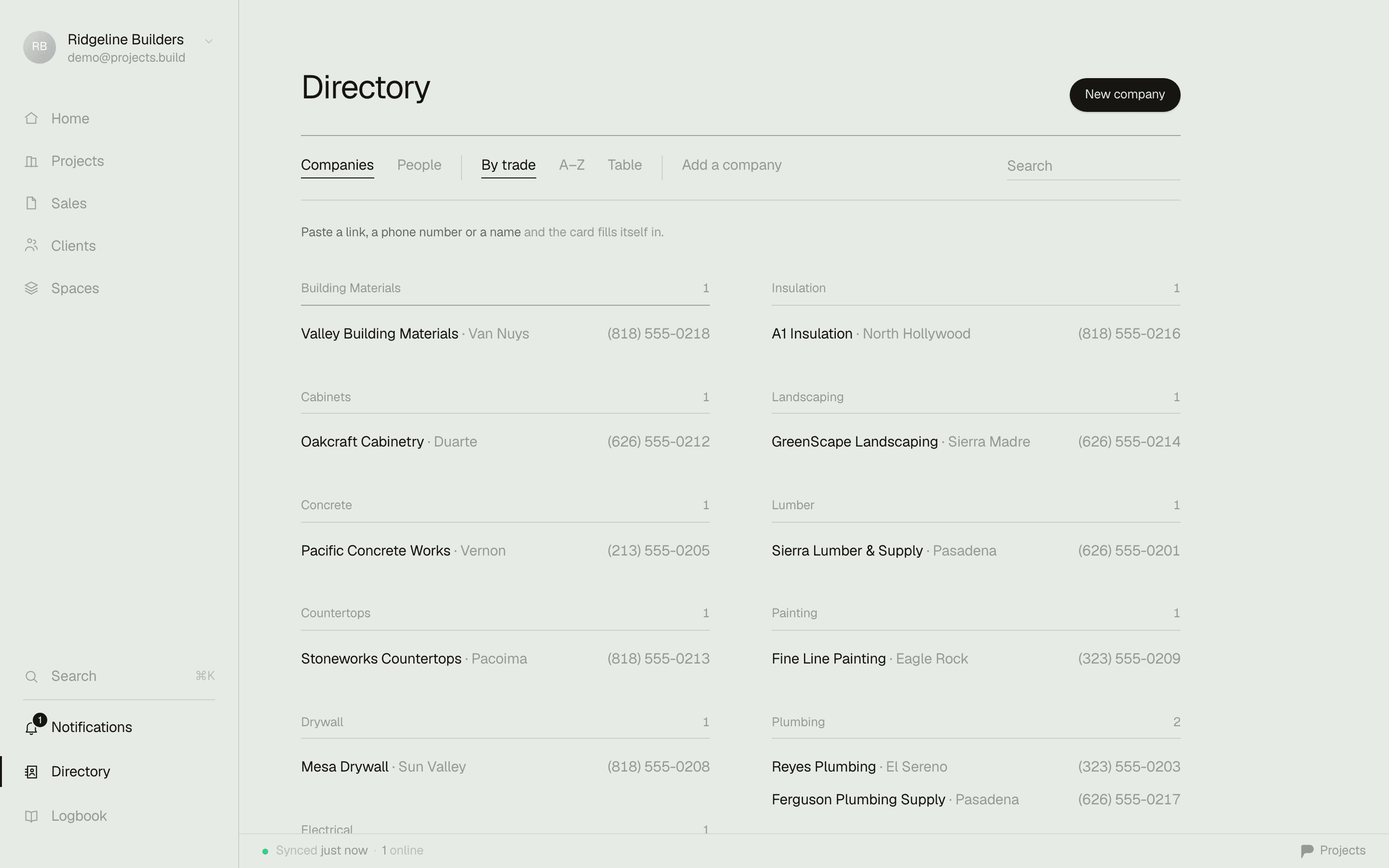 The directory's By trade view — companies banded under Insulation, Electrical, Plumbing and more, best-rated company first in each band