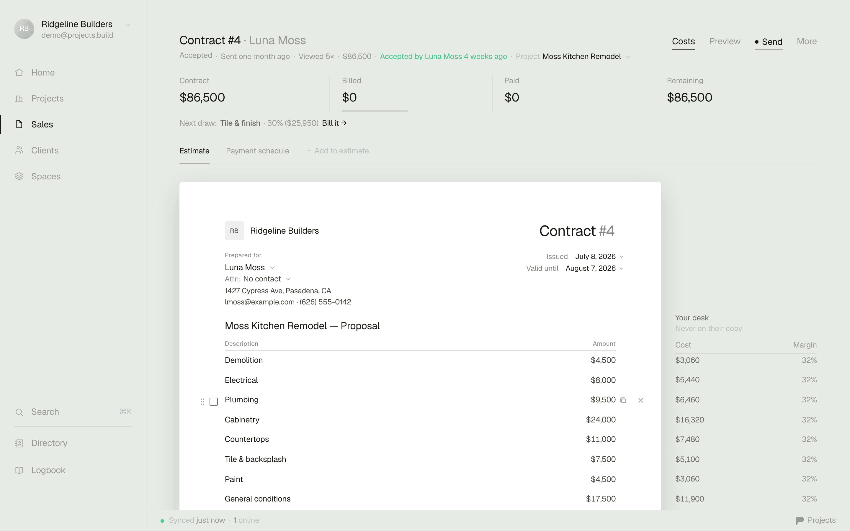A proposal's Project Bid page — line items from site work to paint