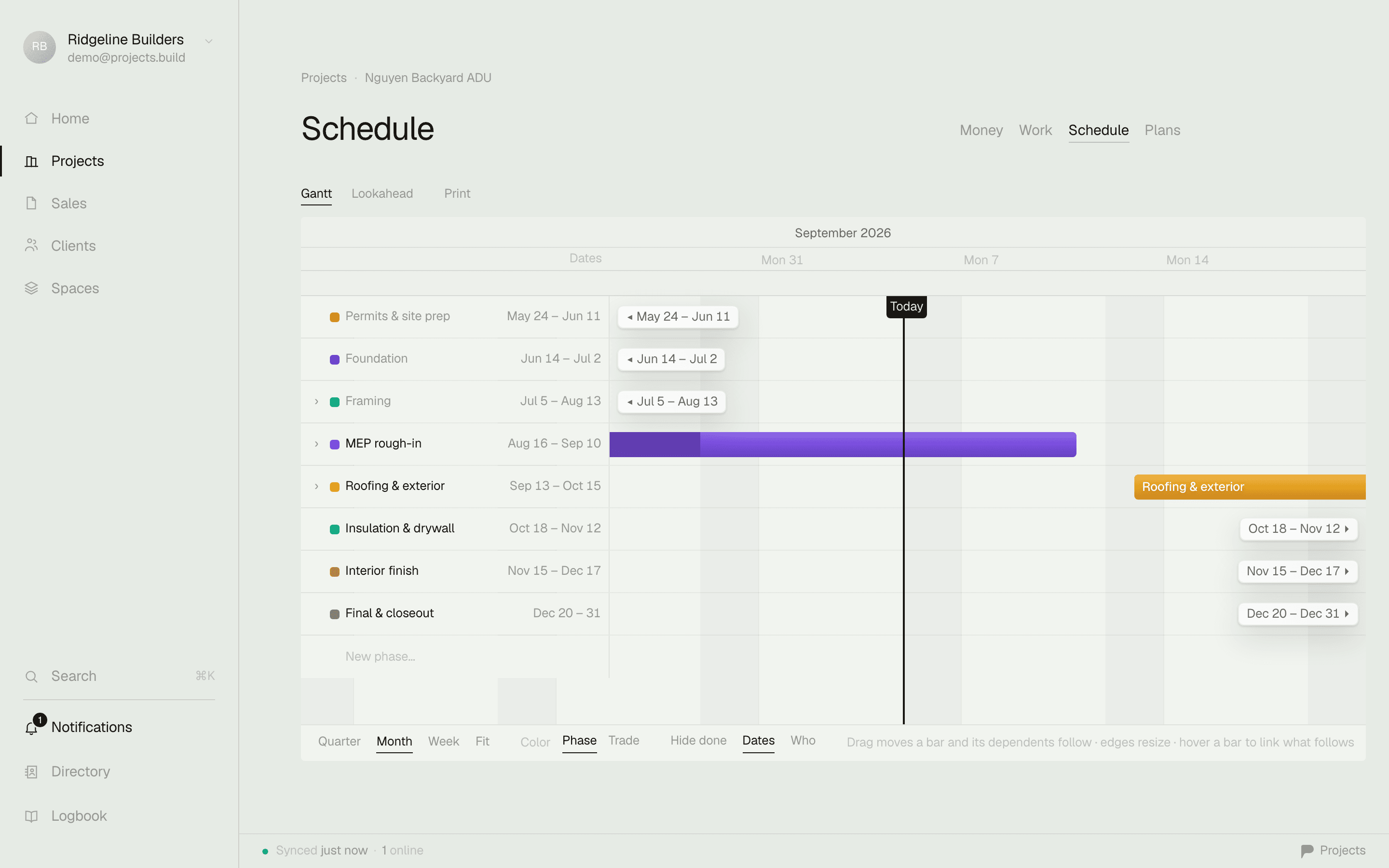 The Gantt schedule with phases and dependencies on an ADU remodel