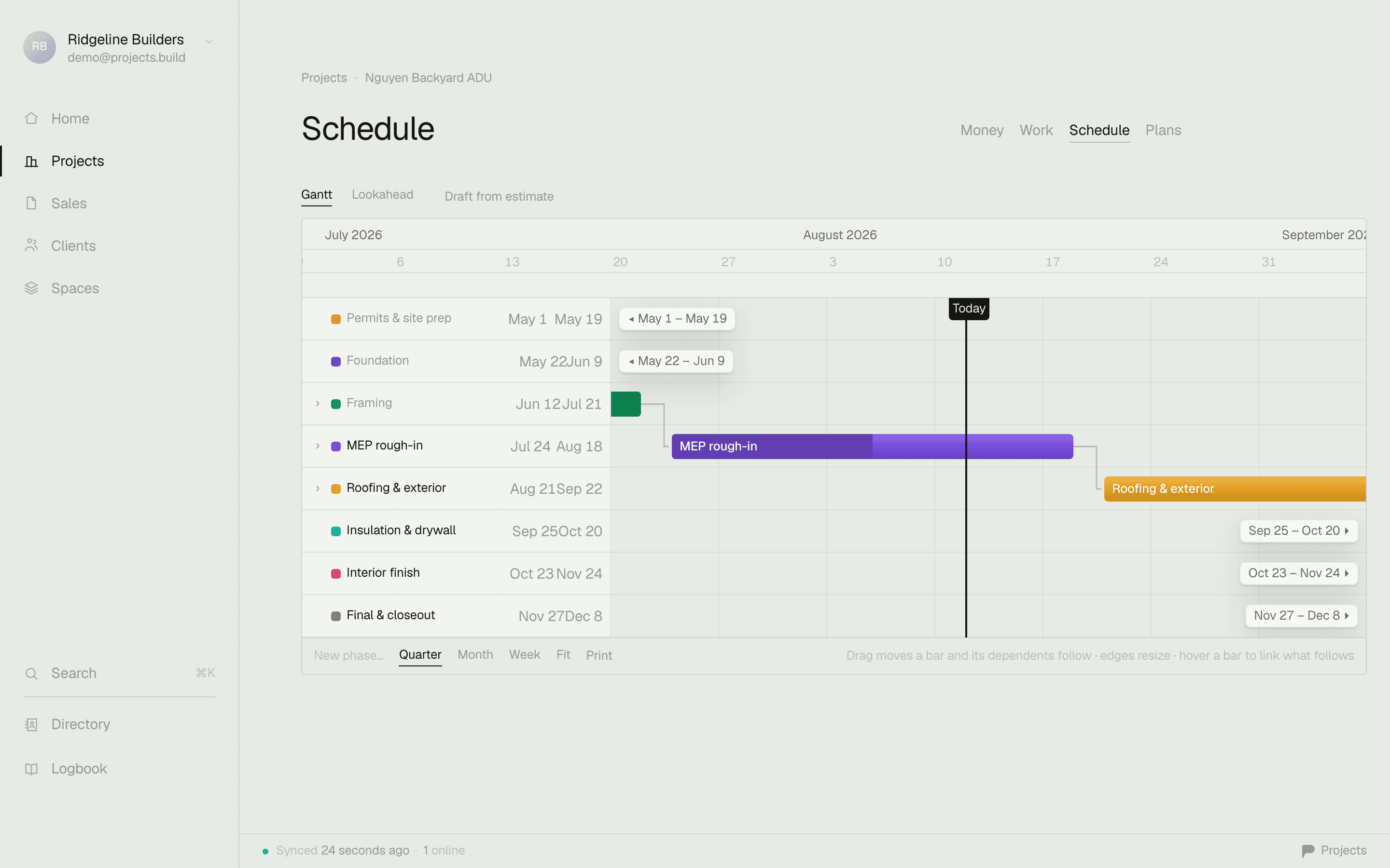 The Gantt schedule with phases and dependencies on an ADU remodel