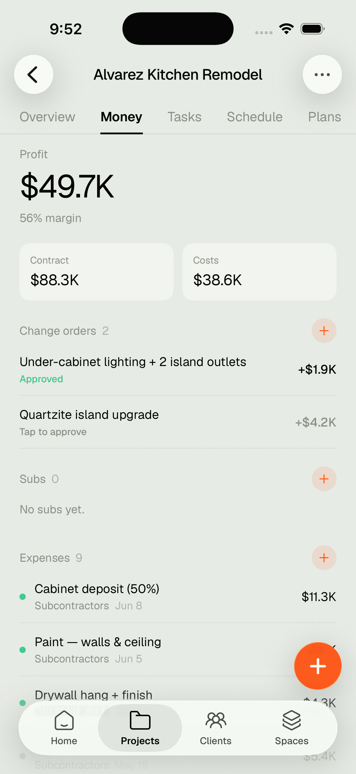 A job's money on iPhone — $49.7K profit, 56% margin, change orders and expenses