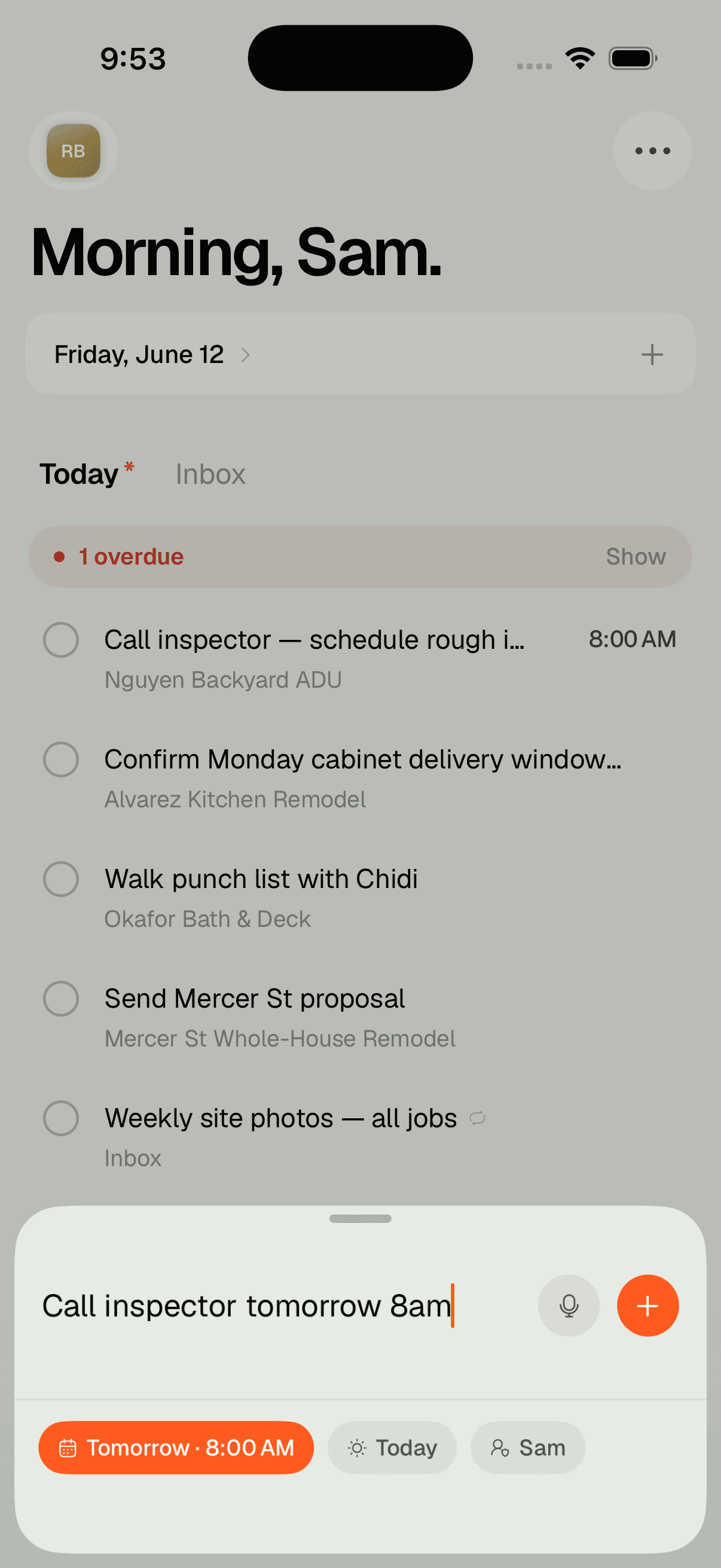 Quick add on iPhone — “call inspector tomorrow 8am” parsed into a dated, reminded task