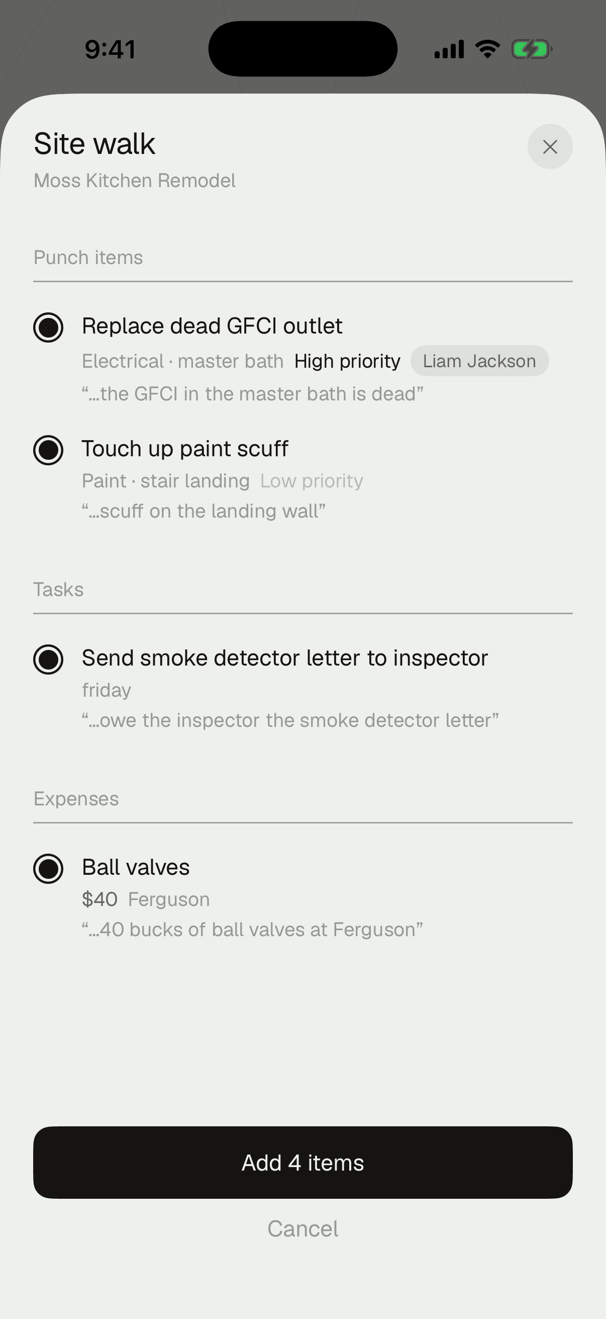 The site-walk review sheet on iPhone — punch items, a task, and an expense pulled from a talked-through walk, each one a tap to keep
