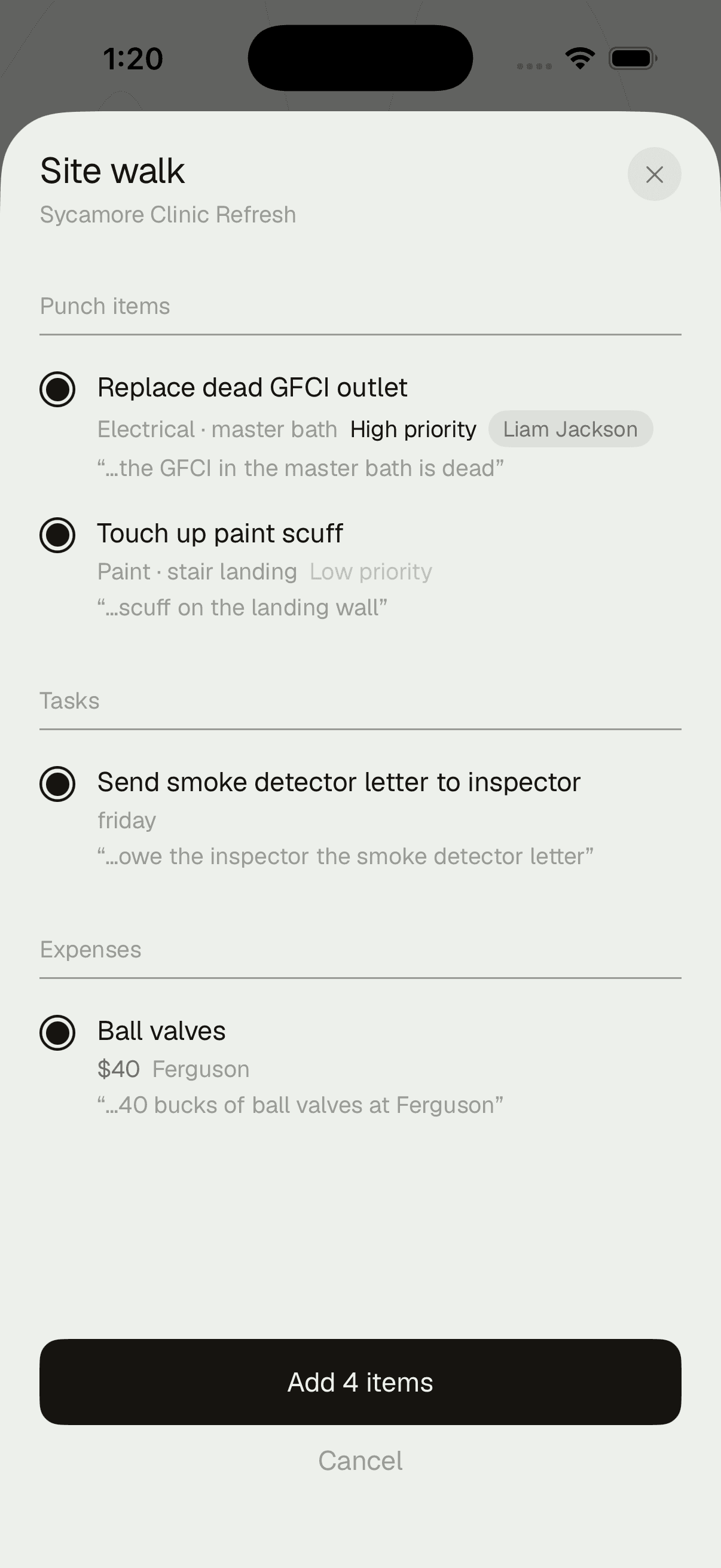 The site-walk review sheet on iPhone — punch items, a task, and an expense pulled from a talked-through walk, each one a tap to keep