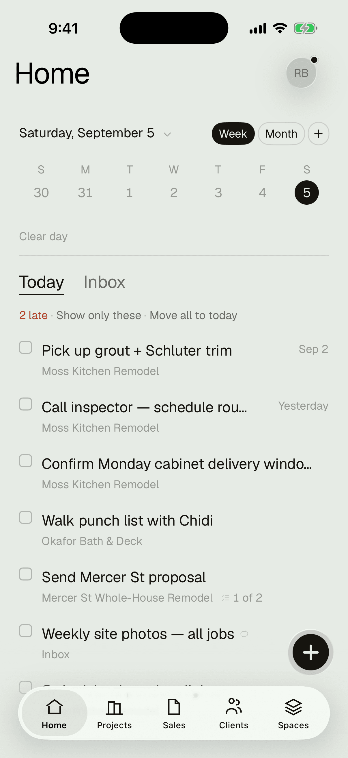 Today's work on the iPhone app — every job's tasks in one list, the overdue one on top