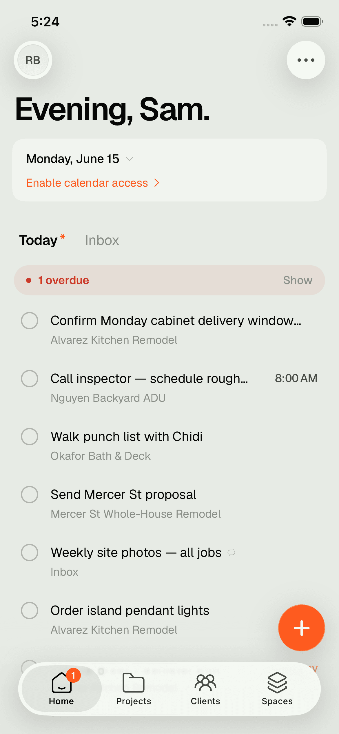 Today on iPhone — every job's tasks, the overdue one on top, quick-add a thumb away