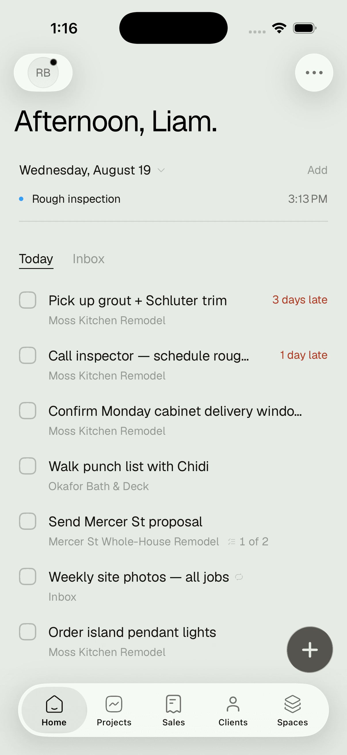 Today's work on the iPhone app — every job's tasks in one list, the overdue one on top
