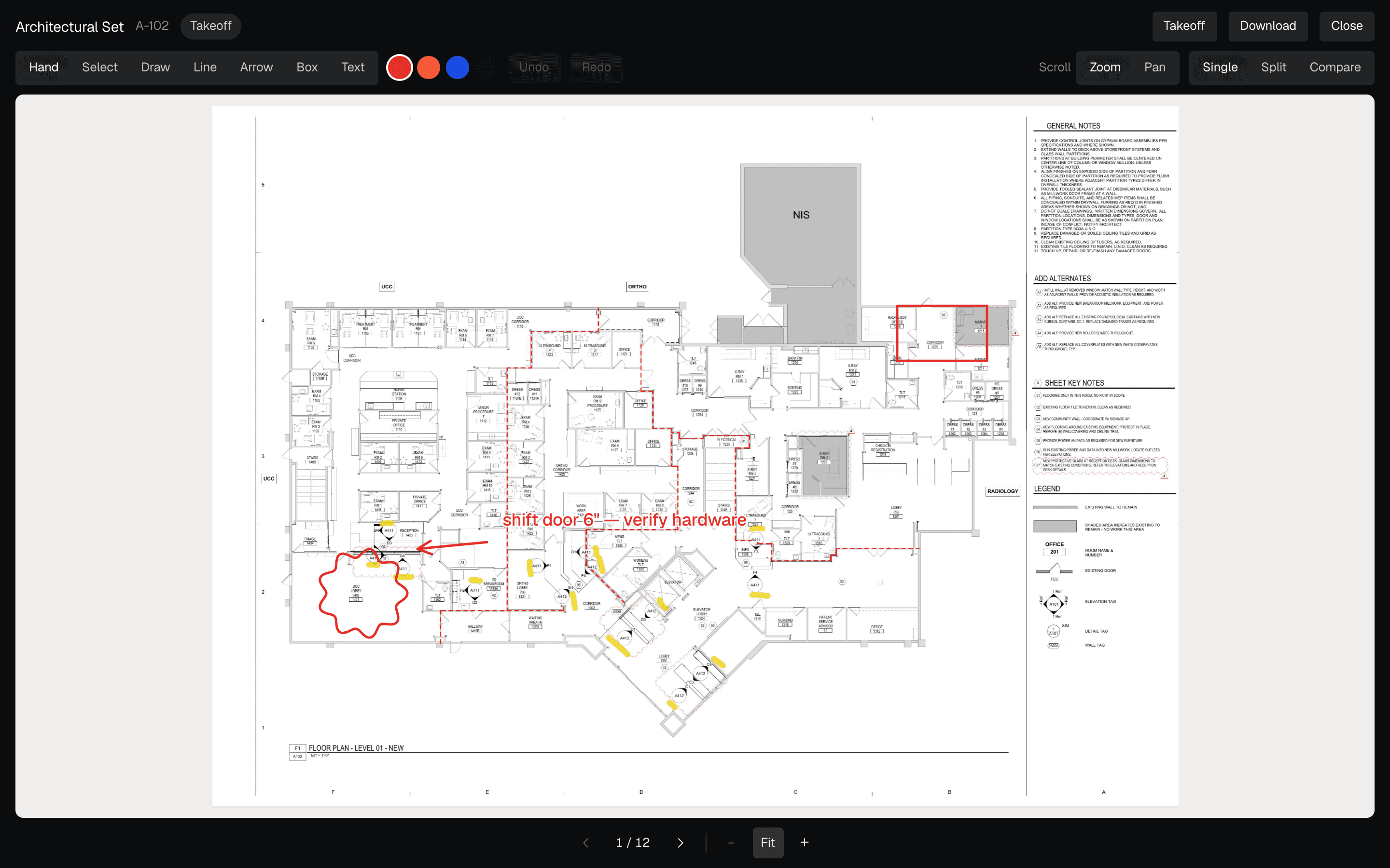 A floor plan marked up with an arrow and note calling out a door to shift, a box around a detail, and a freehand cloud around a room
