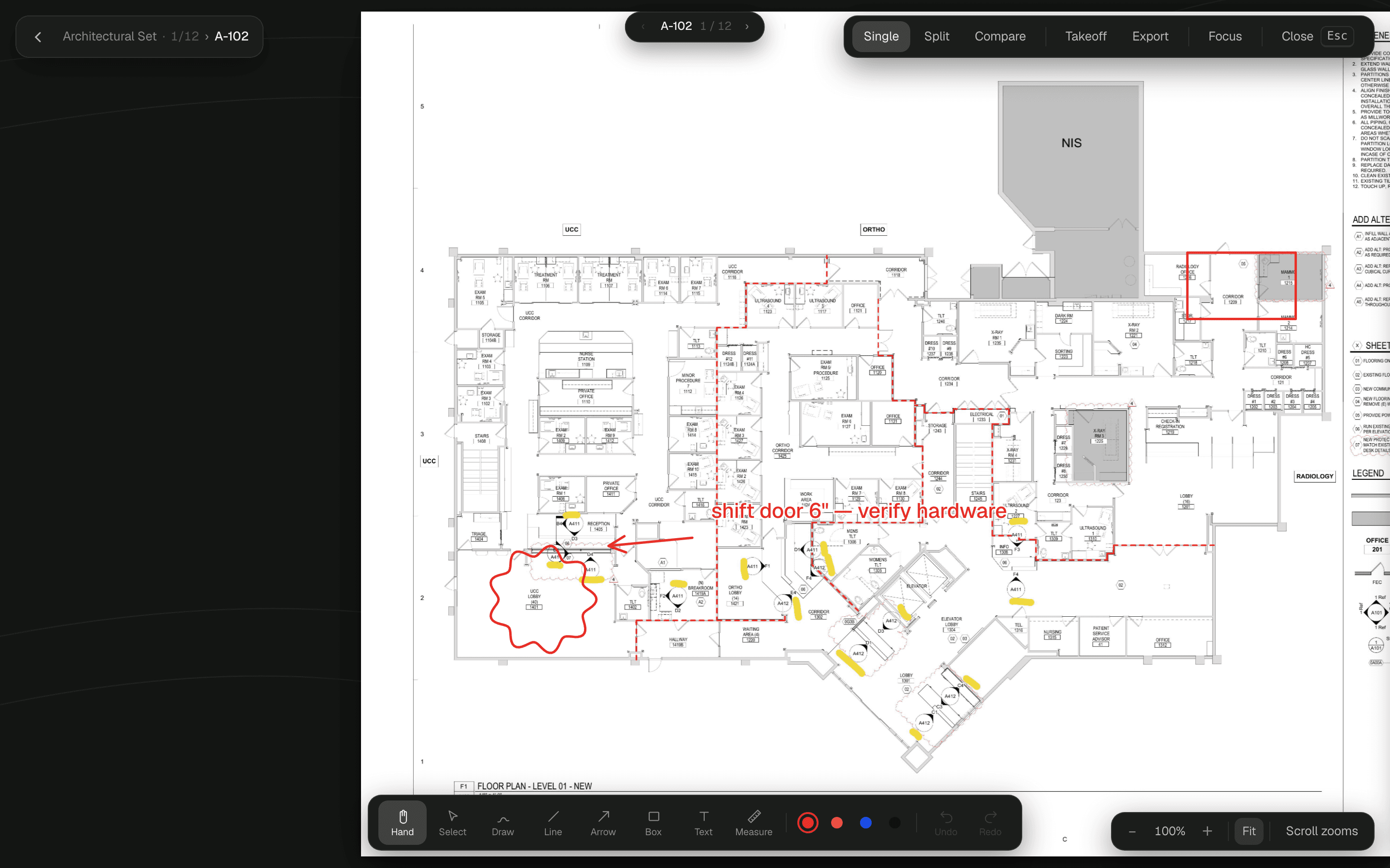 A floor plan marked up with an arrow and note calling out a door to shift, a box around a detail, and a freehand cloud around a room