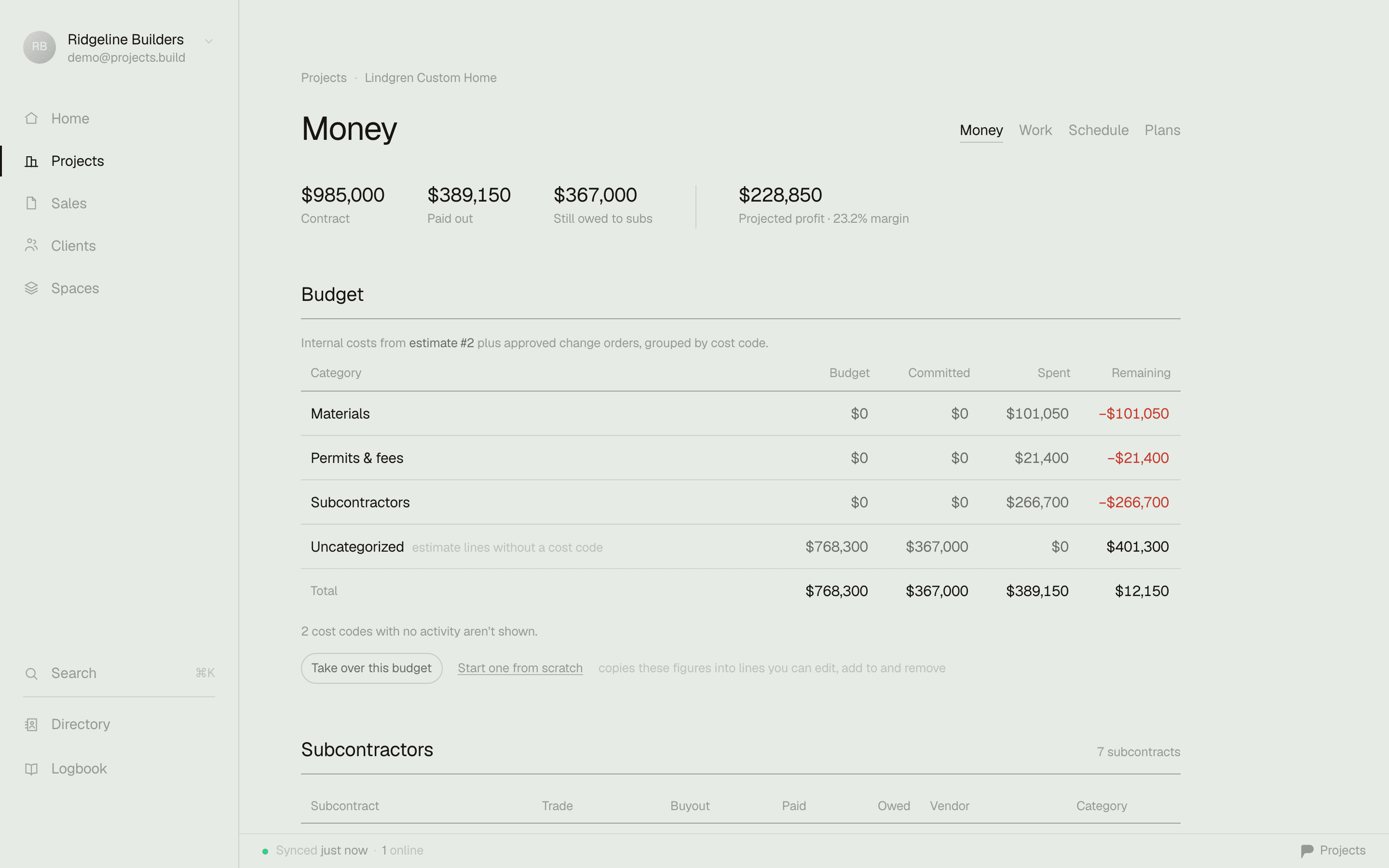 A project's Money tab — contract $985,000, spent $756,150, remaining $228,850, pending change orders $8,900, with every expense linked to its vendor
