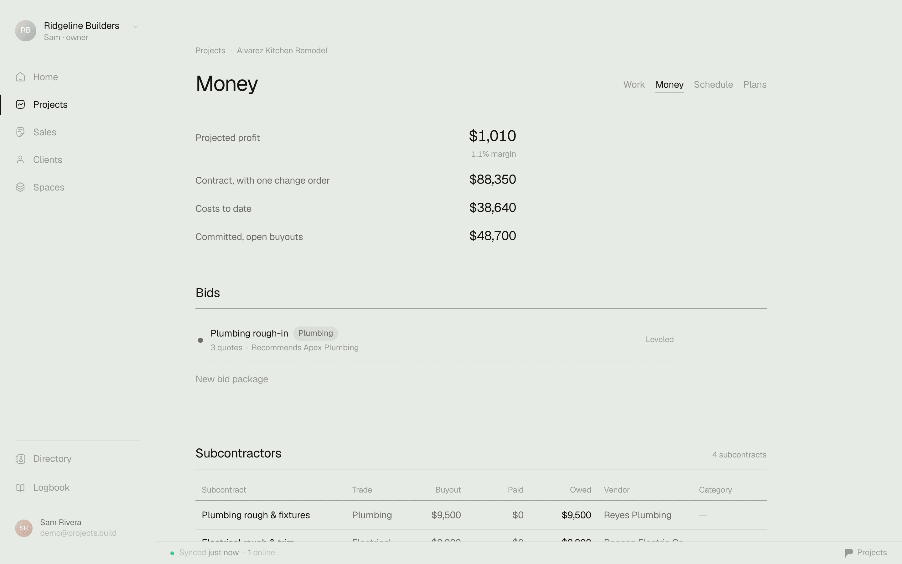 A project's Money tab in Projects — contract $985,000, spent $389,150, remaining $595,850, pending change orders $8,900, visible the moment the job opens