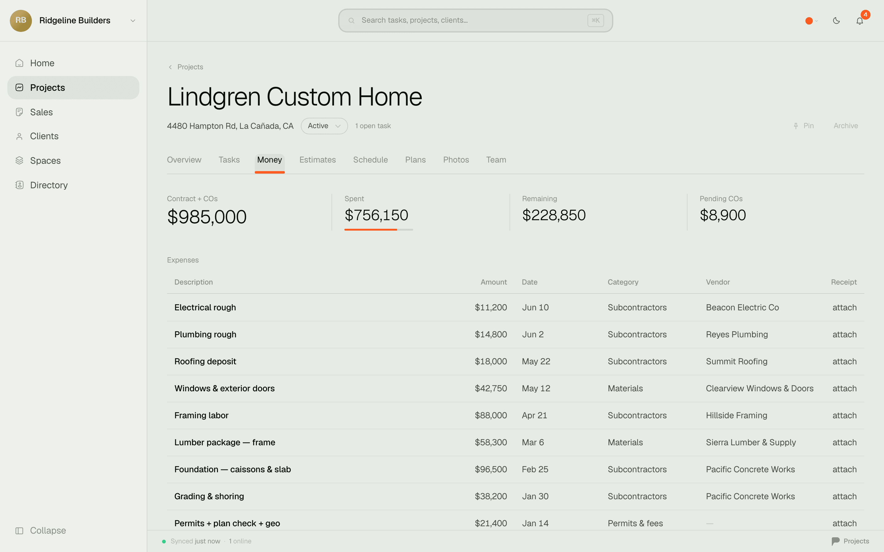 A project's Money tab in Projects — contract $985,000, spent $389,150, remaining $595,850, pending change orders $8,900, visible the moment the job opens