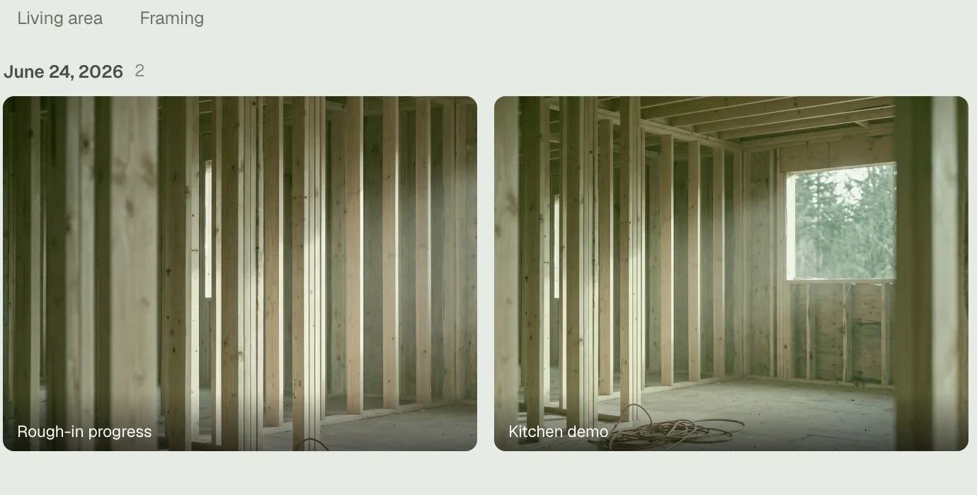 The Photos tab with intelligence on — room and trade filter chips, auto-captioned jobsite photos