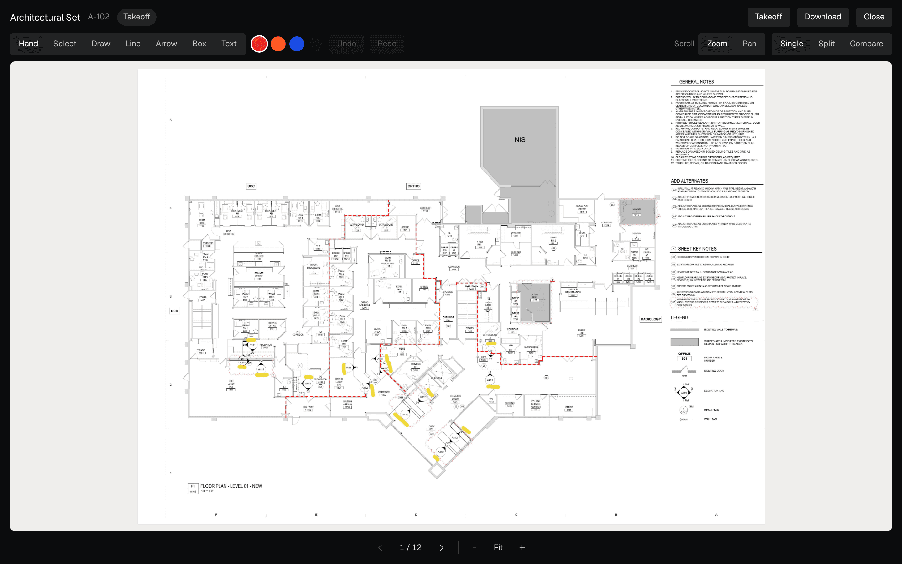The plan viewer — an architectural sheet open with zoom, markup, and compare tools in the toolbar