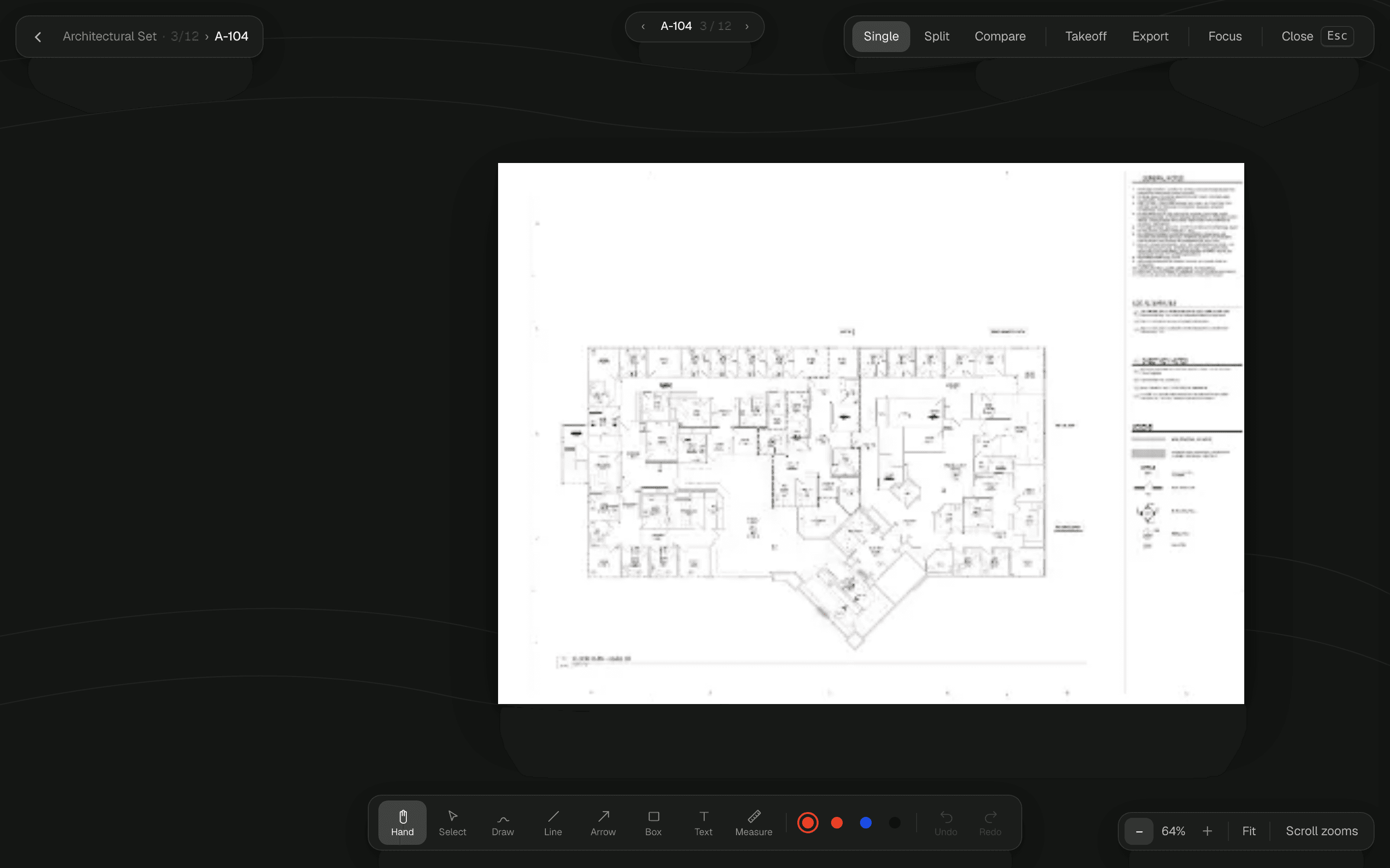 The plan viewer — an architectural sheet open with zoom, markup, and compare tools in the toolbar