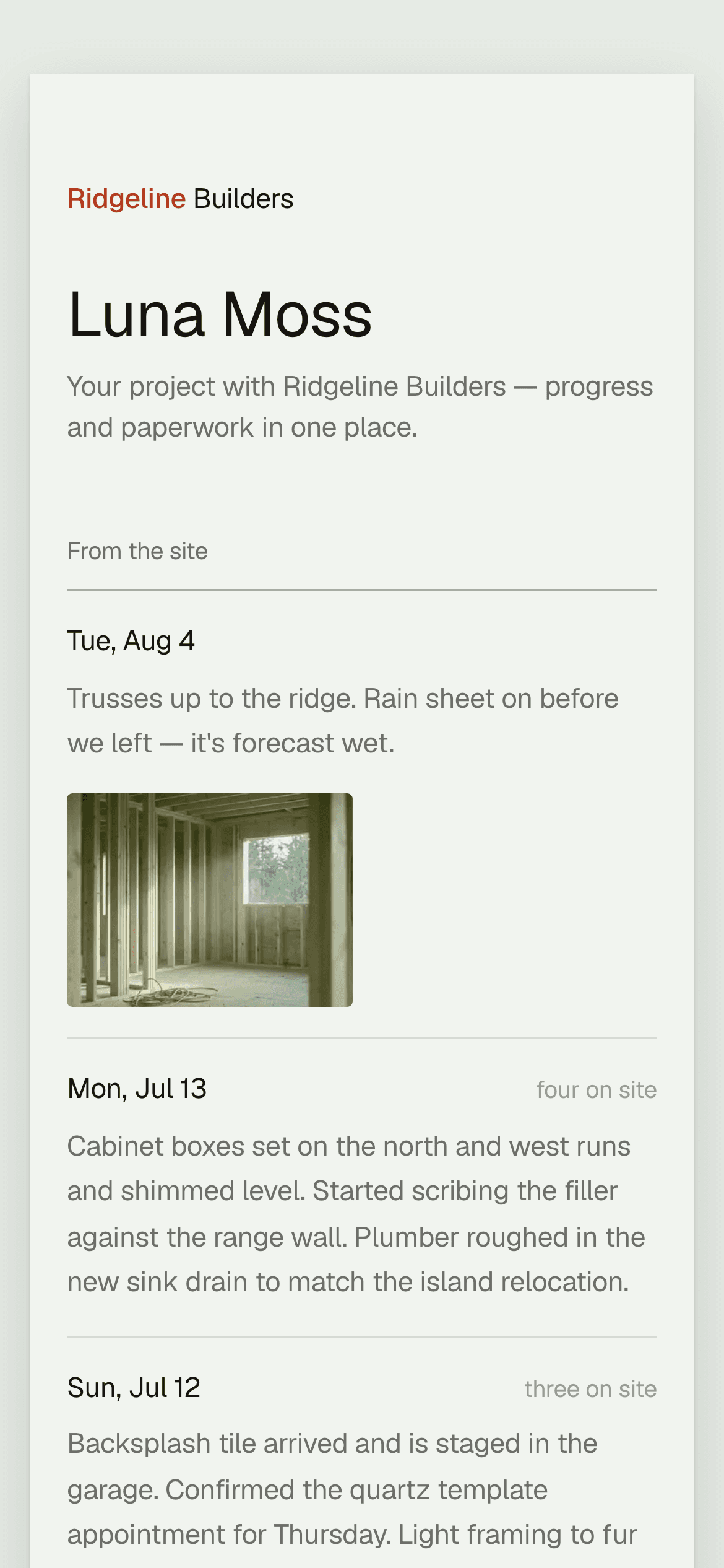 The client portal on iPhone — Ridgeline Builders' branding on the Luna Moss project, with daily updates from the site