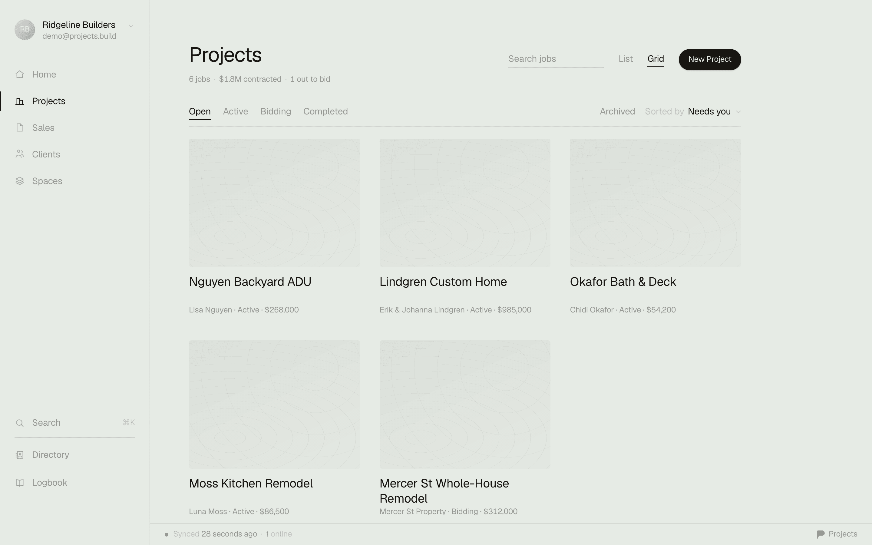 The Projects deck — five projects in motion with statuses and contract values, $1.4M active book