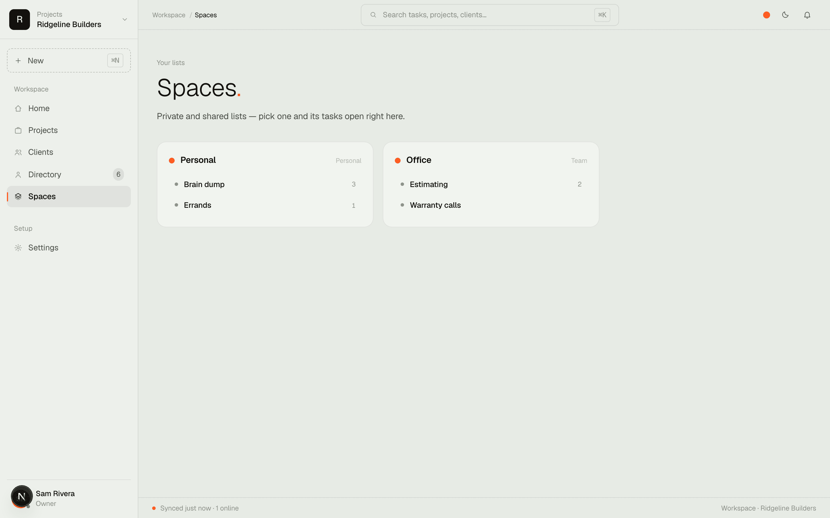 Spaces — shop & equipment, warranty list, office ops, each with its own lists