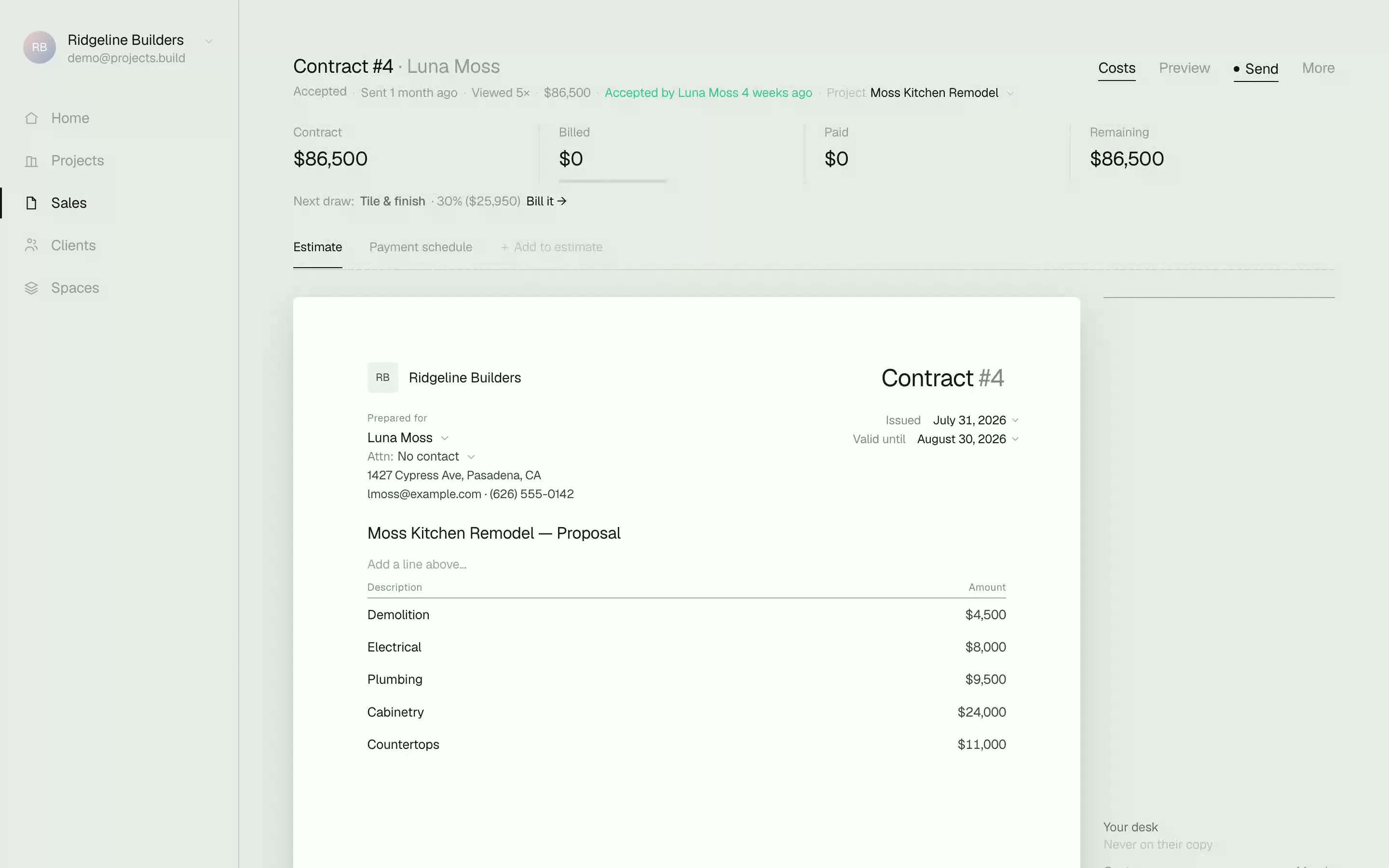 The estimate editor — the proposal on the left, cost and margin in the private column on the right