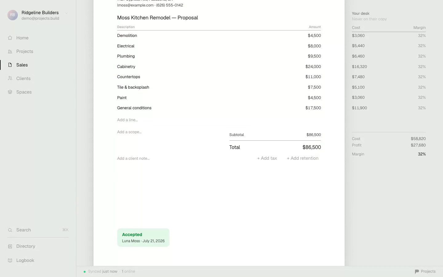 The estimate editor — the proposal on the left, cost and margin in the private column on the right