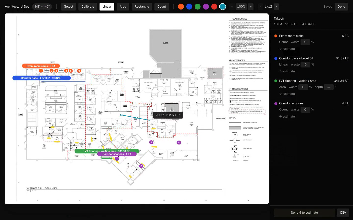 Tracing a hospital floor plan in the takeoff tool — a count, a linear run, and a traced area, ready to send to an estimate