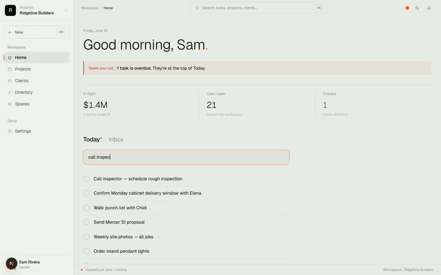 Typing 'call inspector tomorrow 8am' into the web quick add — the due date parses into a chip as you type